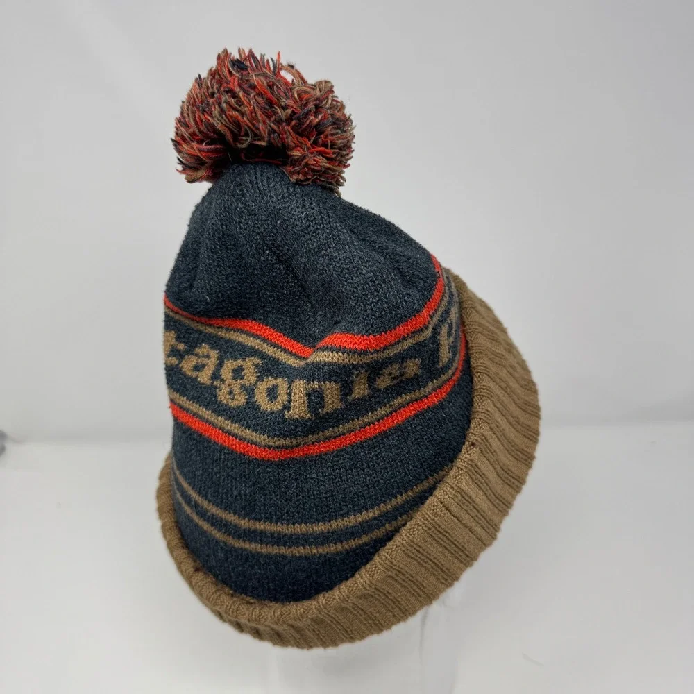 Patagonia Powder Town Beanie Hat Pom Pom Knit Blue Brown 29187 FA17 Mens